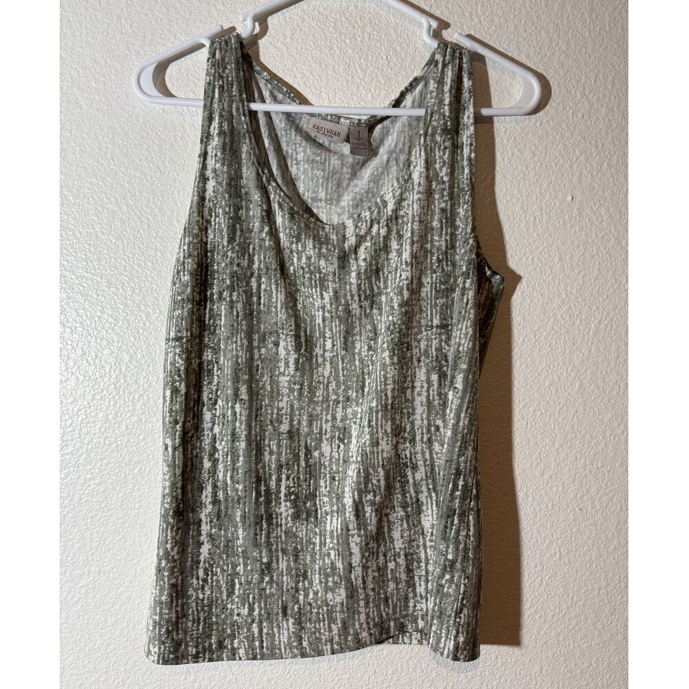 Chico's Easywear Size 1 (M) Green White Abstract Scoop Neck Sleeveless Tank Top